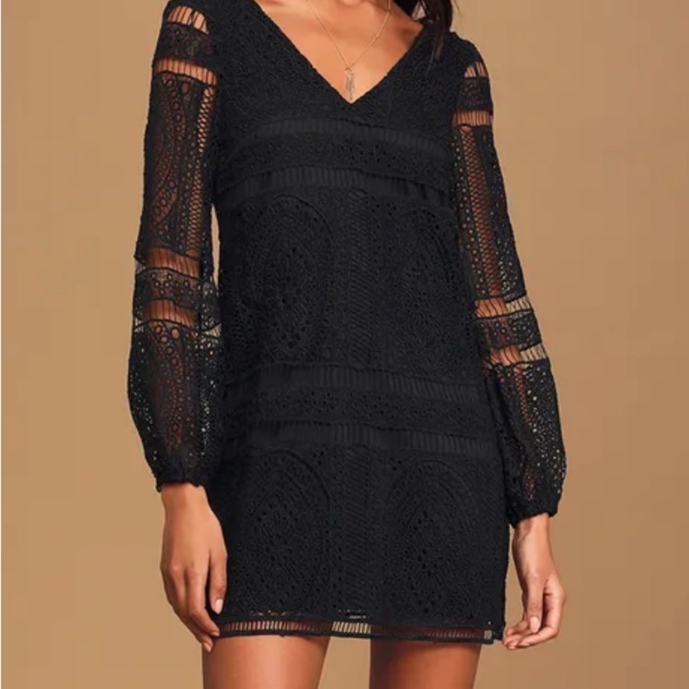 Black Lace Long Sleeve Mini Shift Dress